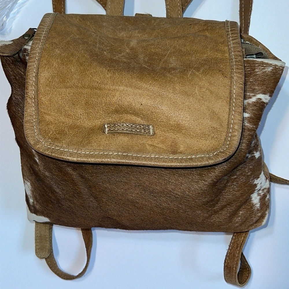 Myra Bag Tan and Brown Backpack cowhide.
